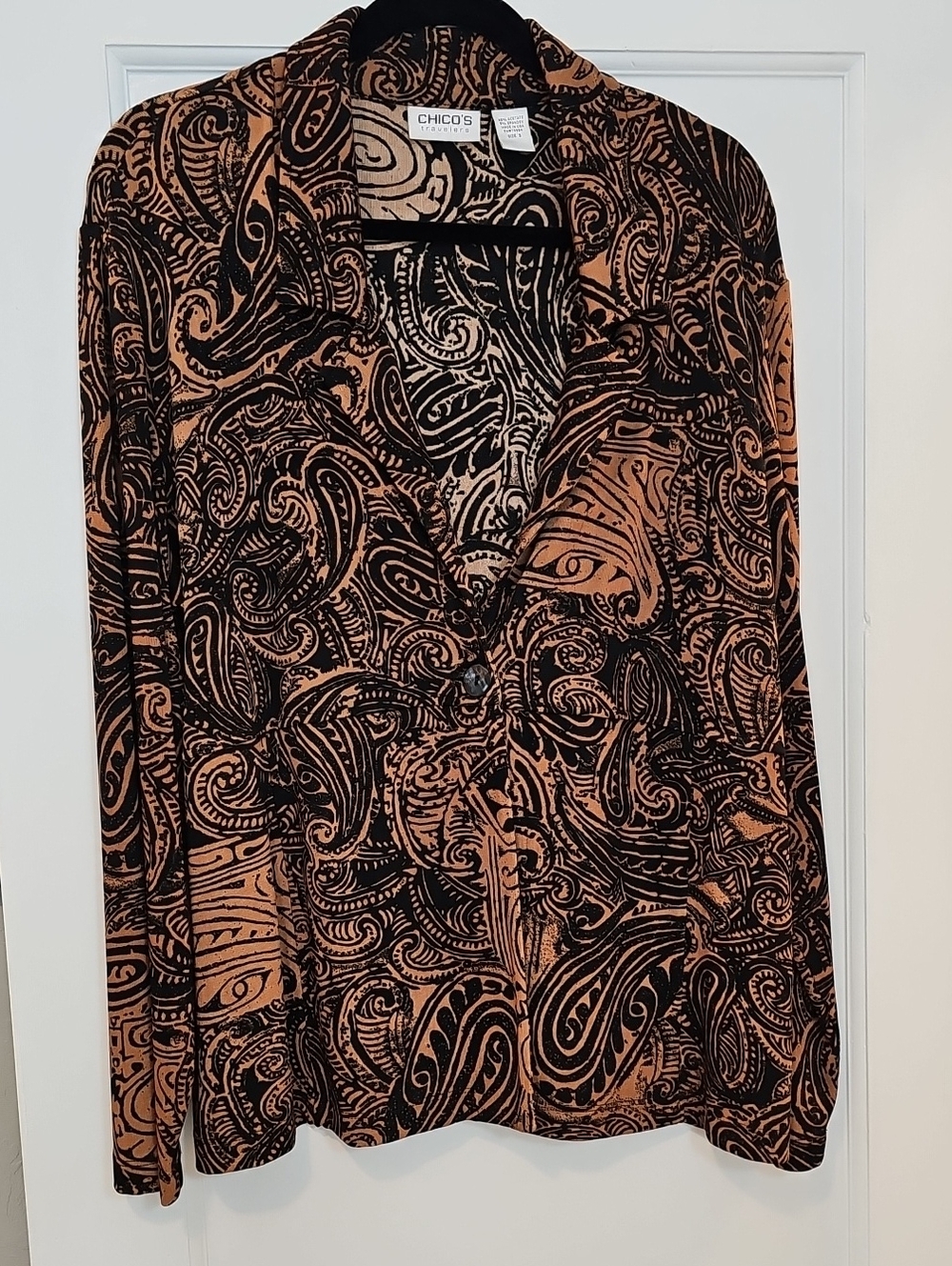 Chico's Traveller's Black and Brown Jacket Graphic Print W/ Black Button Closure